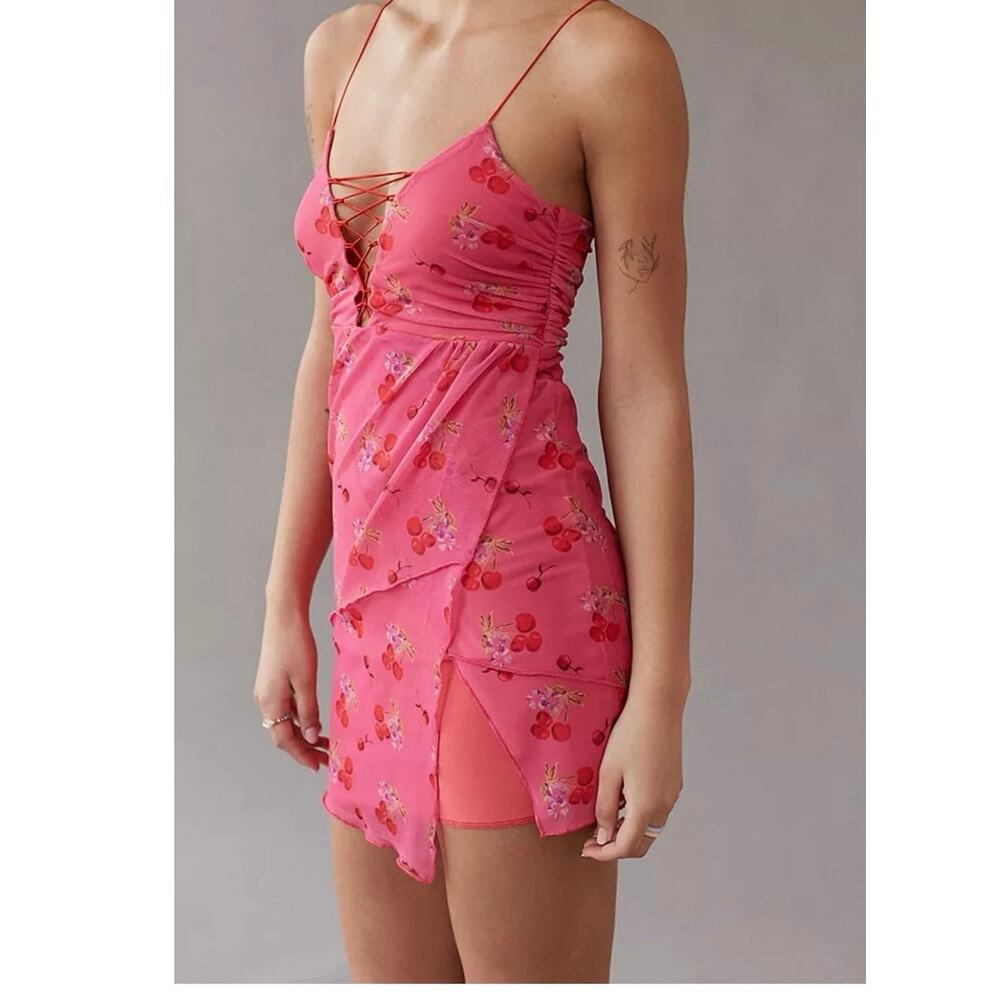 Urban Outfitters New with Flaw Pink Cherry Print Y2K Coquette Mini Dress XS